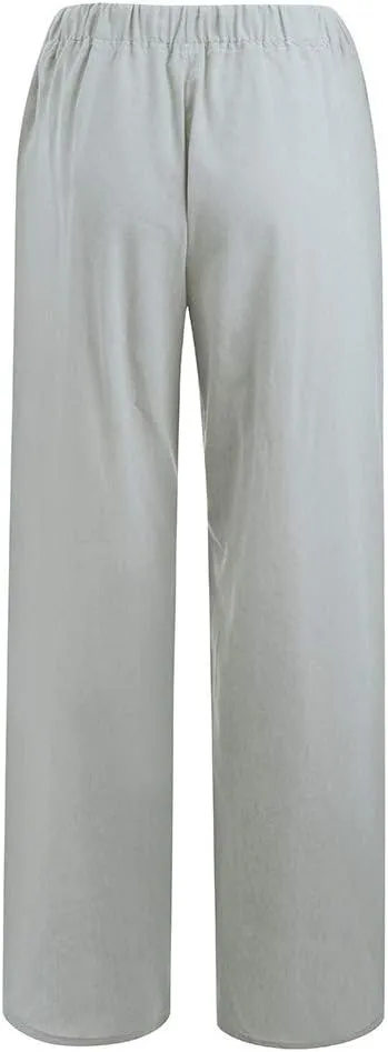 Women Linen Palazzo Pants Summer Cotton Flowy Pants Drawstring Wide Leg Lightweight Pants Cute Beach Loose Trousers