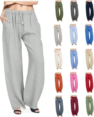 Women Linen Palazzo Pants Summer Cotton Flowy Pants Drawstring Wide Leg Lightweight Pants Cute Beach Loose Trousers