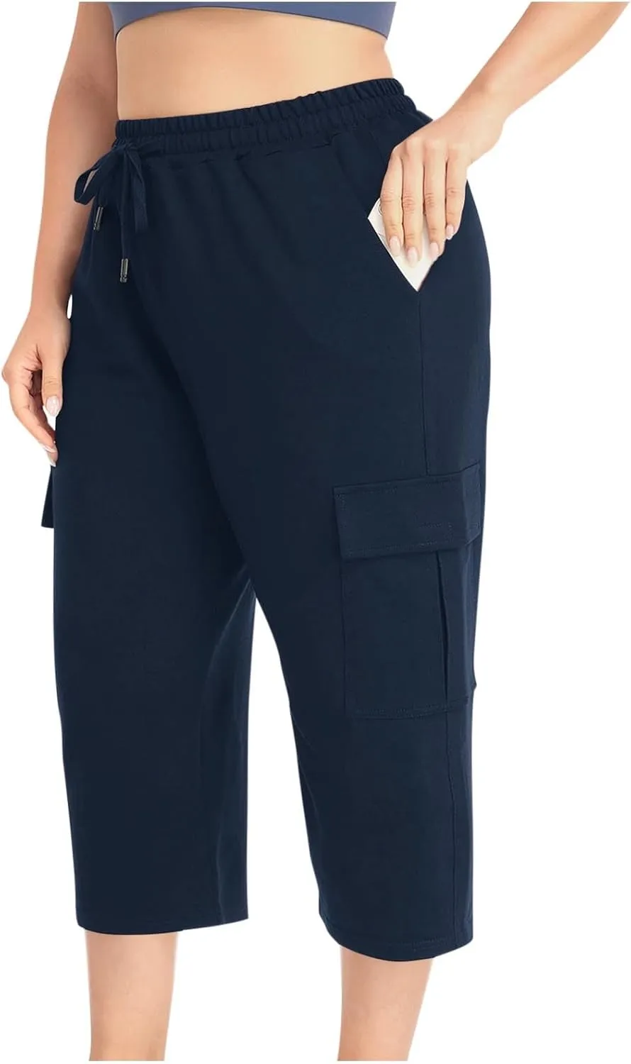 Women Plus Size Capris High Waisted Elastic Cargo Athletic Pants Dressy Casual Summer Travel Long Shorts