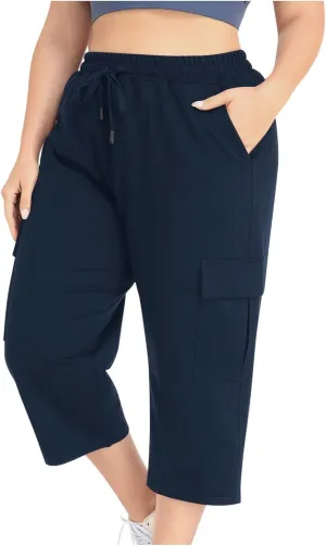 Women Plus Size Capris High Waisted Elastic Cargo Athletic Pants Dressy Casual Summer Travel Long Shorts