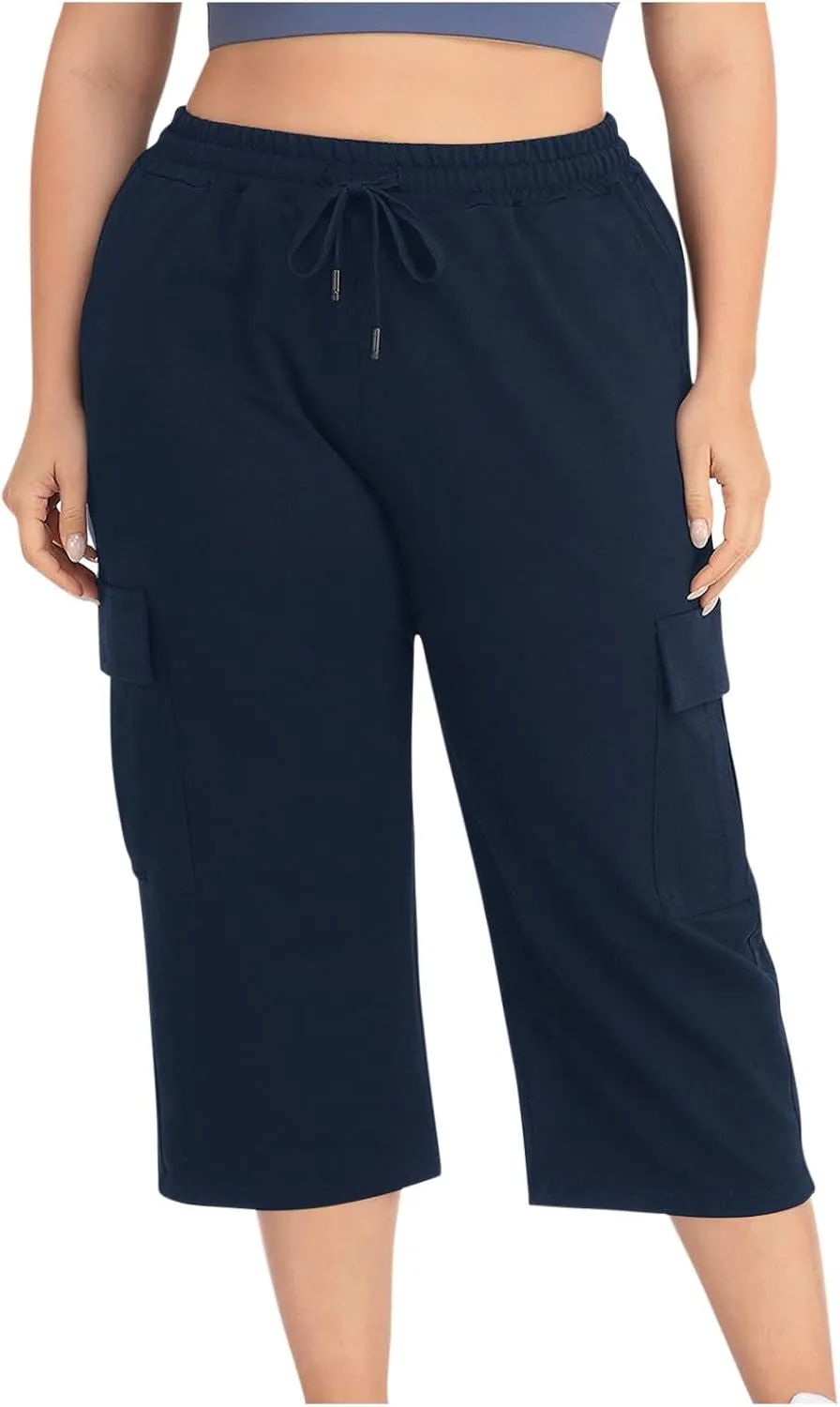 Women Plus Size Capris High Waisted Elastic Cargo Athletic Pants Dressy Casual Summer Travel Long Shorts
