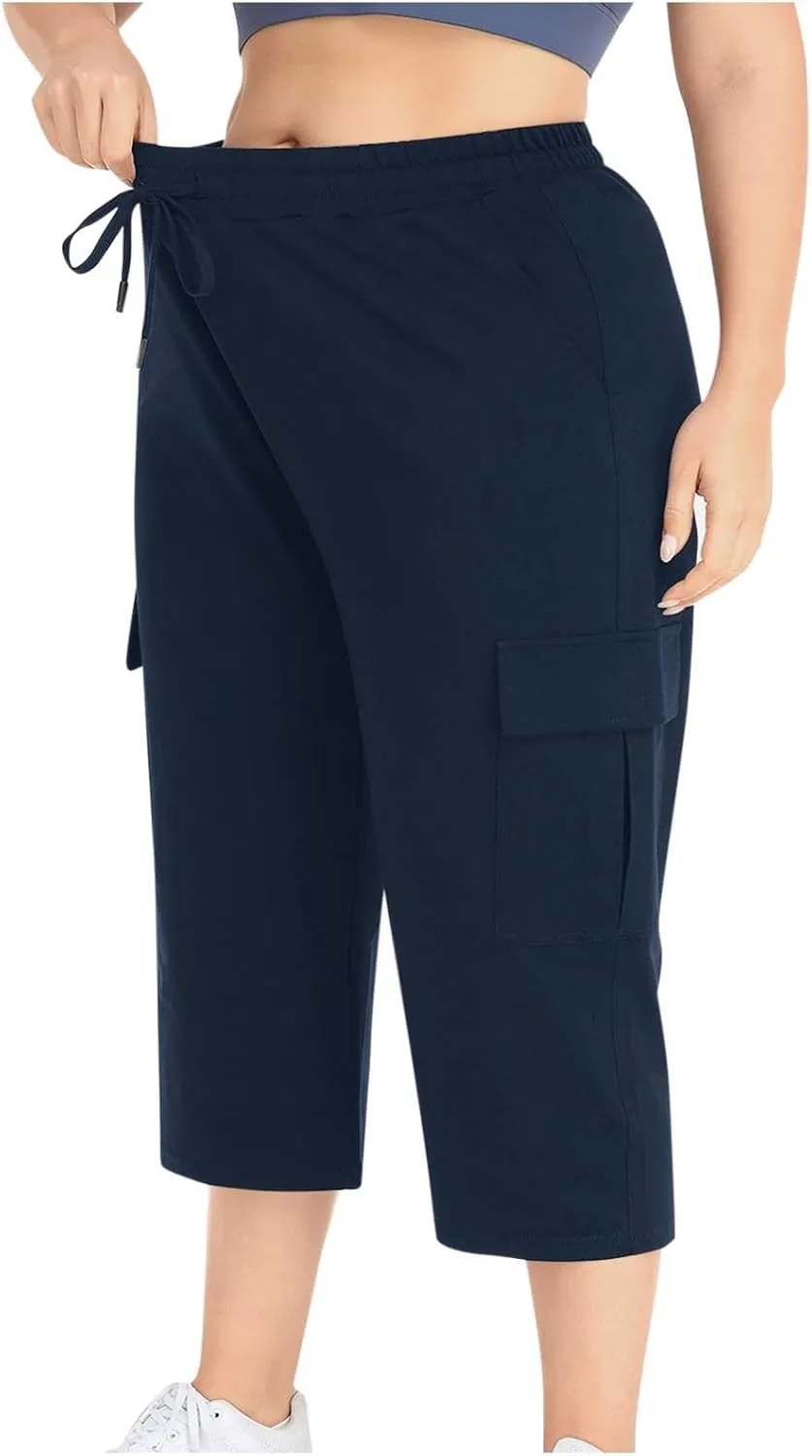 Women Plus Size Capris High Waisted Elastic Cargo Athletic Pants Dressy Casual Summer Travel Long Shorts