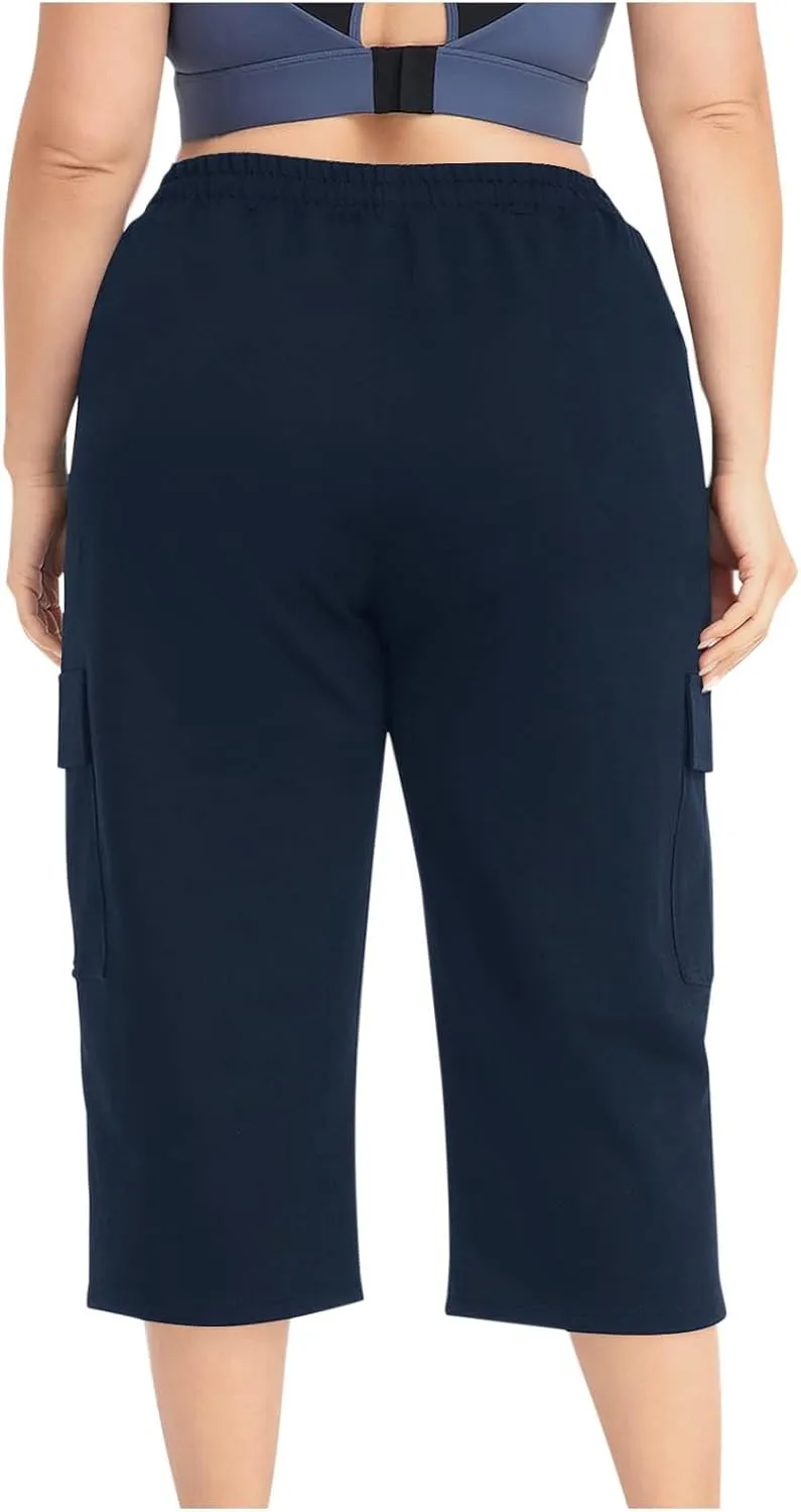 Women Plus Size Capris High Waisted Elastic Cargo Athletic Pants Dressy Casual Summer Travel Long Shorts