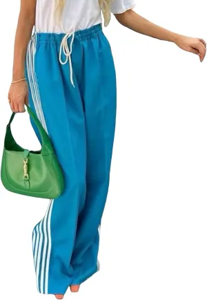 Women Side Striped Track Pants Y2k Drawstring Waist Wide Leg Cargo Sweatpants Casual Loose Jogger Lounge Pants