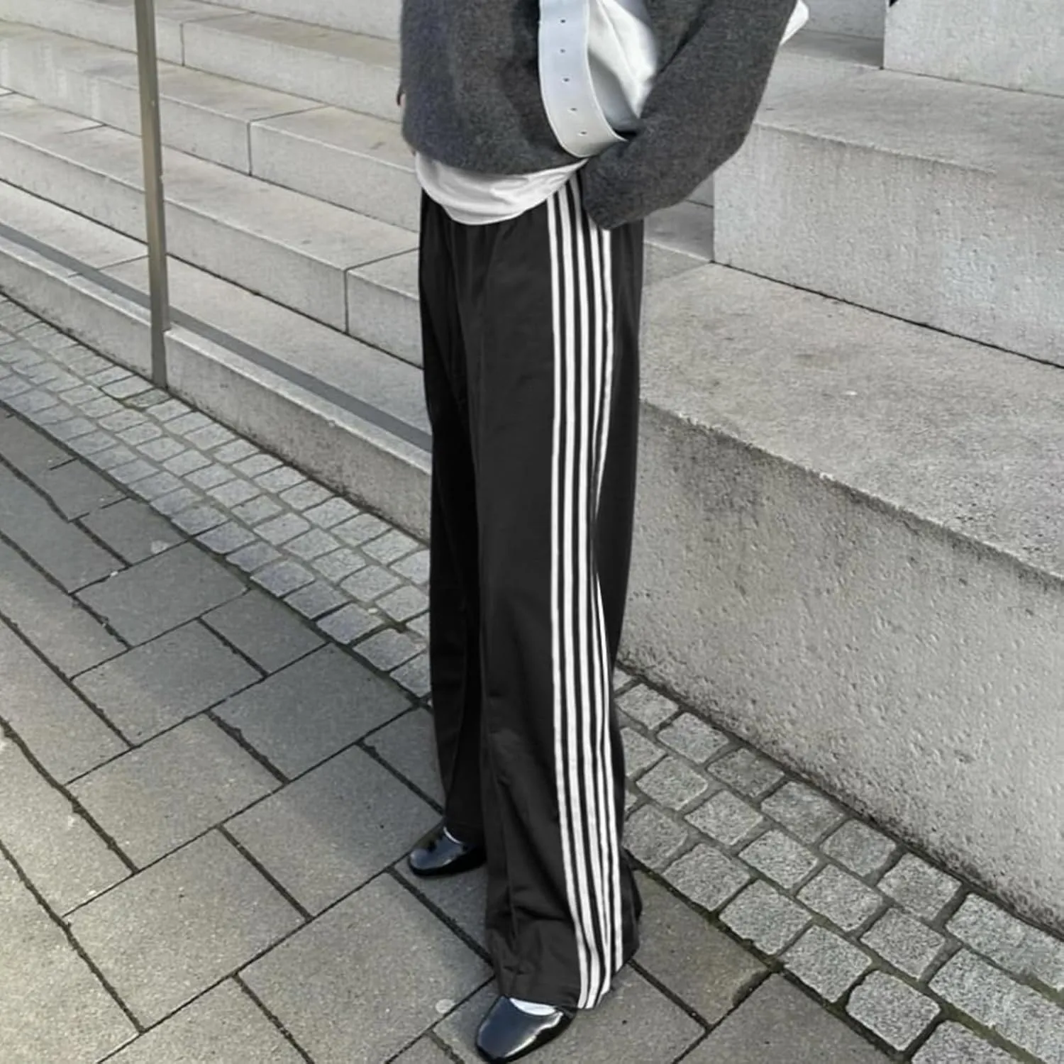 Women Side Striped Track Pants Y2k Drawstring Waist Wide Leg Cargo Sweatpants Casual Loose Jogger Lounge Pants