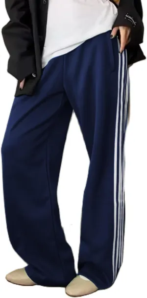Women Side Striped Track Pants Y2k Drawstring Waist Wide Leg Cargo Sweatpants Casual Loose Jogger Lounge Pants