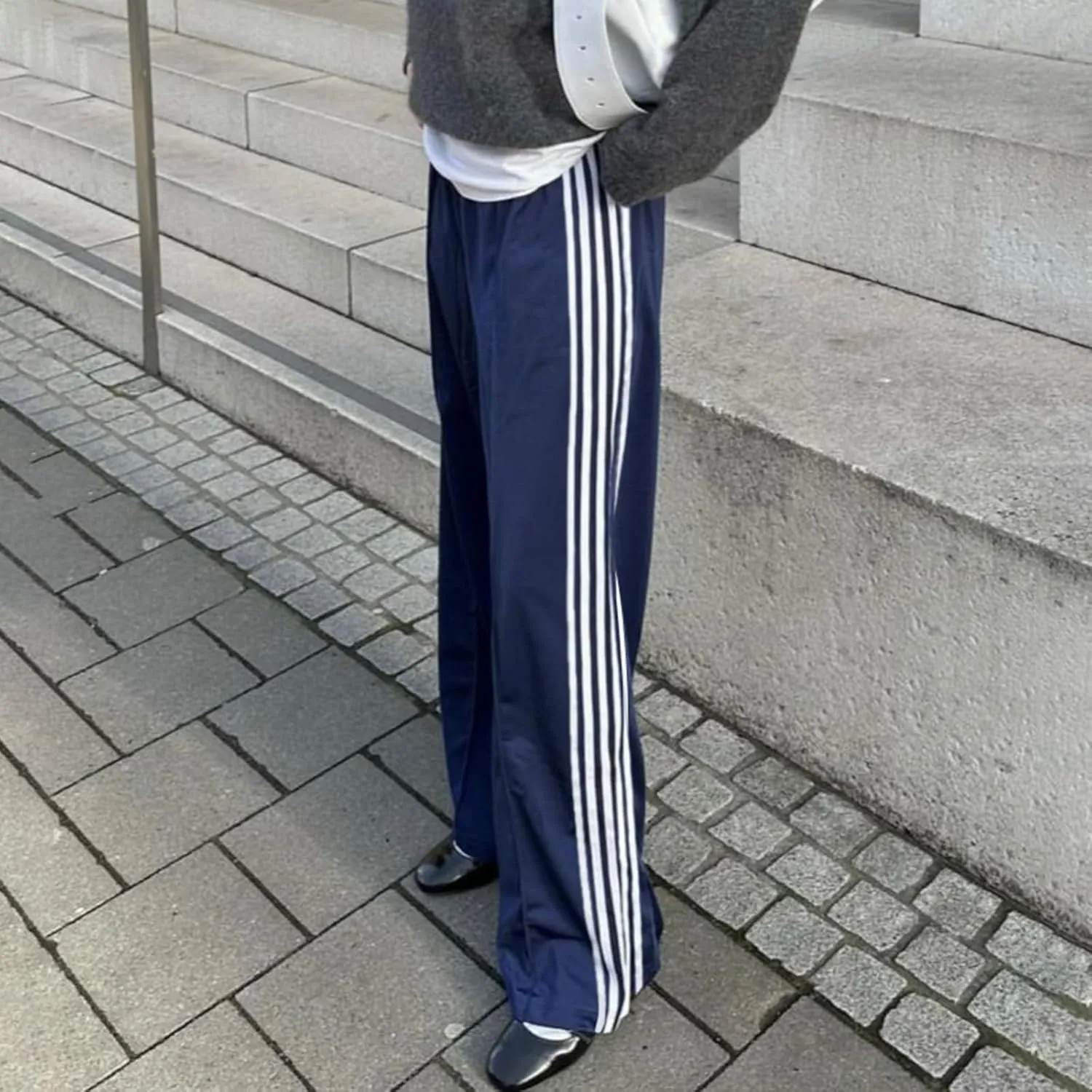 Women Side Striped Track Pants Y2k Drawstring Waist Wide Leg Cargo Sweatpants Casual Loose Jogger Lounge Pants