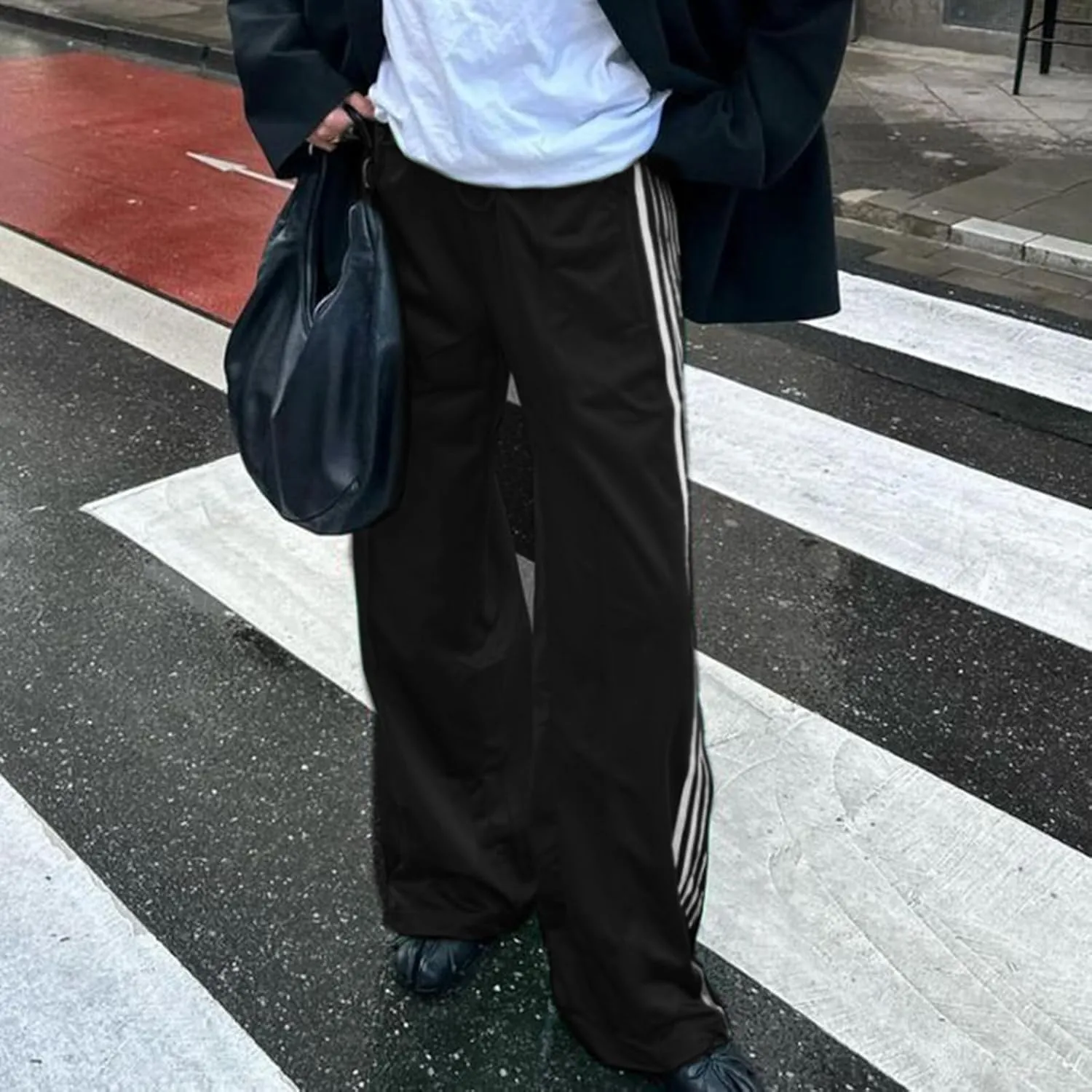 Women Side Striped Track Pants Y2k Drawstring Waist Wide Leg Cargo Sweatpants Casual Loose Jogger Lounge Pants