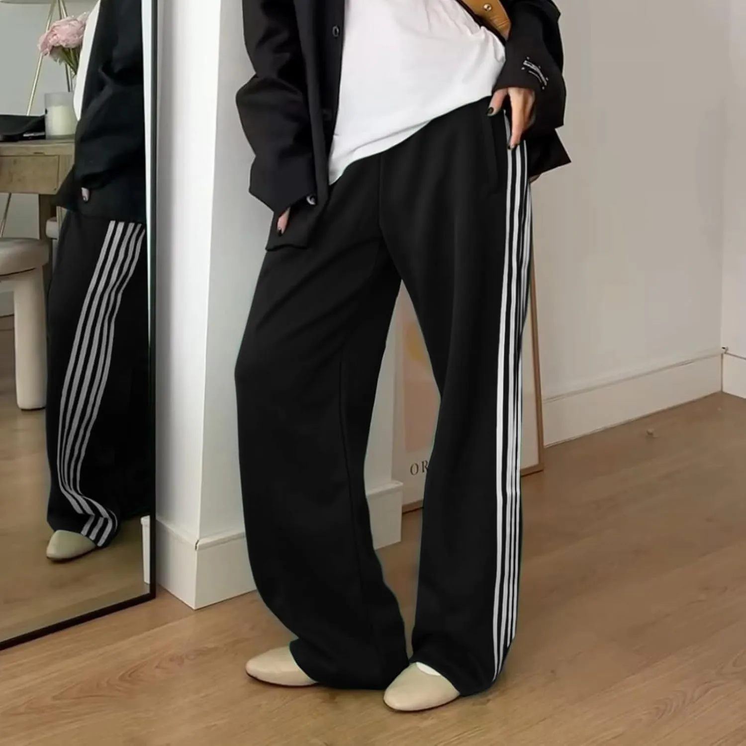 Women Side Striped Track Pants Y2k Drawstring Waist Wide Leg Cargo Sweatpants Casual Loose Jogger Lounge Pants