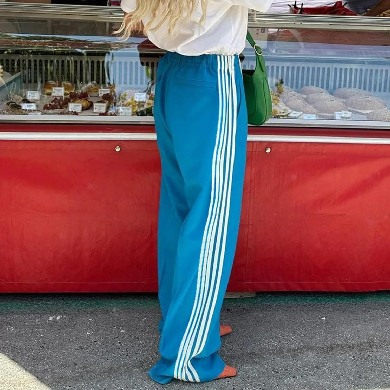 Women Side Striped Track Pants Y2k Drawstring Waist Wide Leg Cargo Sweatpants Casual Loose Jogger Lounge Pants