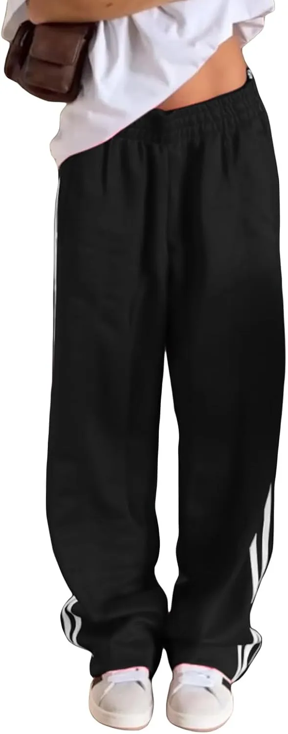 Women Side Striped Track Pants Y2k Drawstring Waist Wide Leg Cargo Sweatpants Casual Loose Jogger Lounge Pants