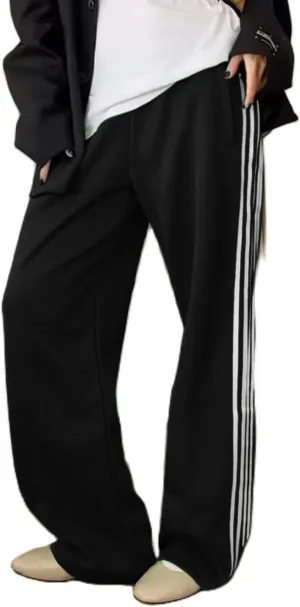 Women Side Striped Track Pants Y2k Drawstring Waist Wide Leg Cargo Sweatpants Casual Loose Jogger Lounge Pants