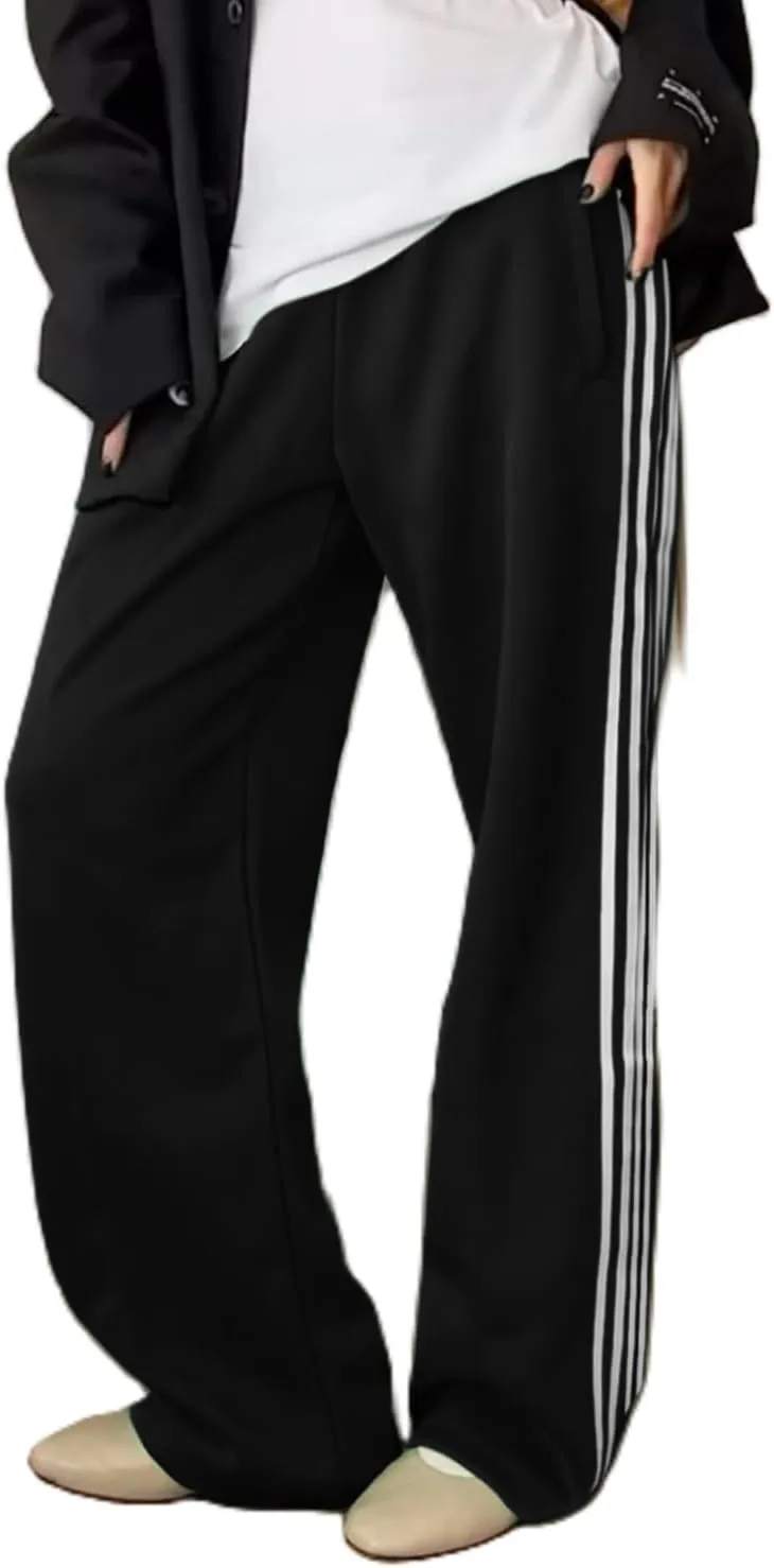 Women Side Striped Track Pants Y2k Drawstring Waist Wide Leg Cargo Sweatpants Casual Loose Jogger Lounge Pants