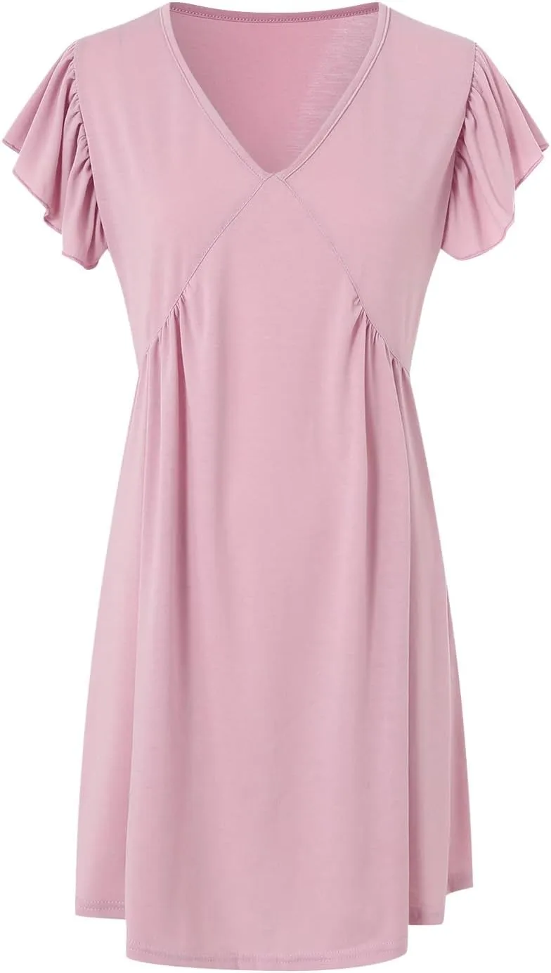 Women Summer Dresses Beach Deep V Neck Loose Ruffle Sleeve A Line Plain Casual Solid Loose Short Flowy Mini Dress