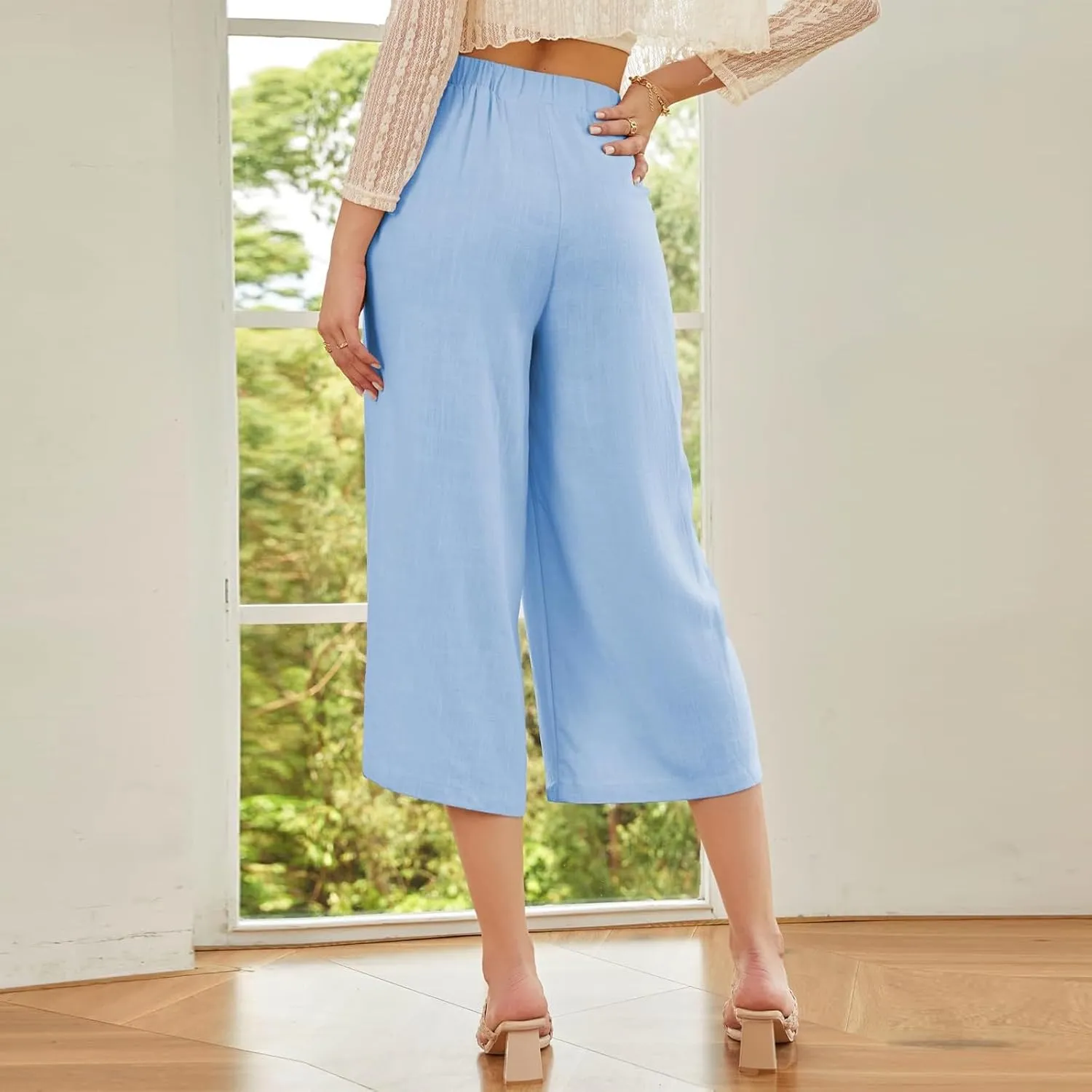 Women Summer High Waisted Cotton Linen Palazzo Pants Casual Wide Leg Long Flowy Dressy Beach Lounge Trousers