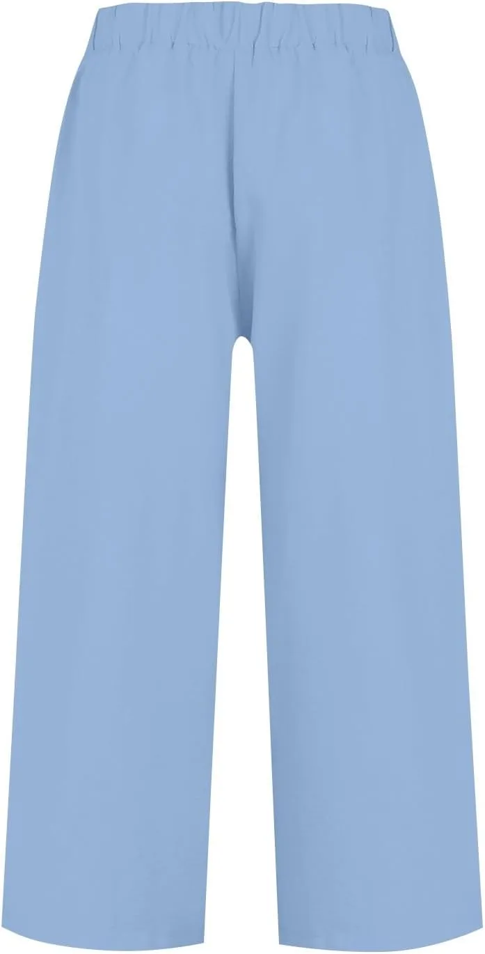Women Summer High Waisted Cotton Linen Palazzo Pants Casual Wide Leg Long Flowy Dressy Beach Lounge Trousers