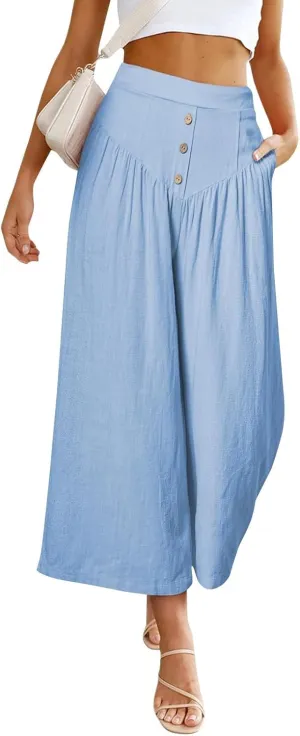 Women Summer High Waisted Cotton Linen Palazzo Pants Casual Wide Leg Long Flowy Dressy Beach Lounge Trousers