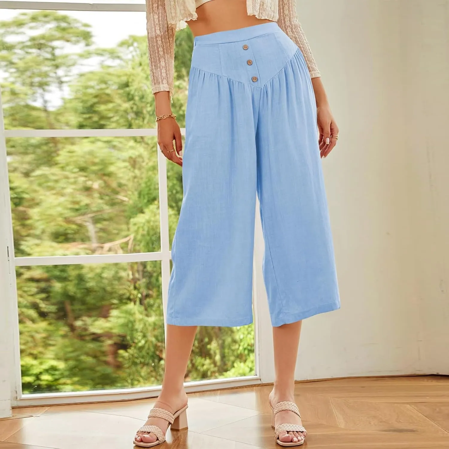 Women Summer High Waisted Cotton Linen Palazzo Pants Casual Wide Leg Long Flowy Dressy Beach Lounge Trousers