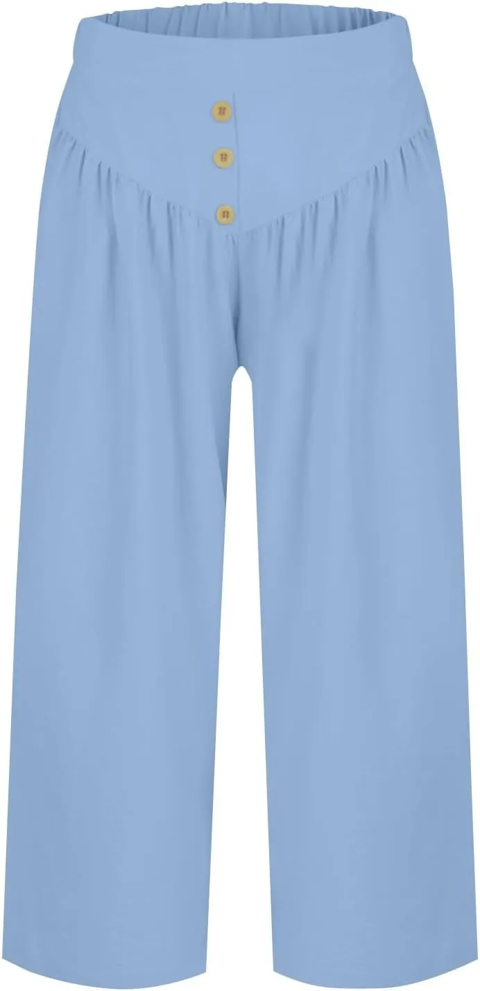 Women Summer High Waisted Cotton Linen Palazzo Pants Casual Wide Leg Long Flowy Dressy Beach Lounge Trousers