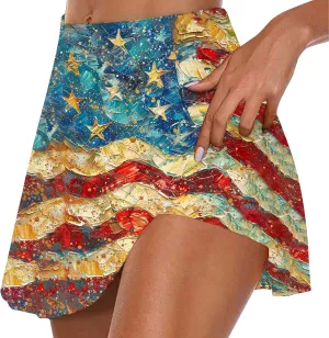 Women Tennis Skorts American Flag Patriotic Golf Skirts with Shorts Independence Day Stretchy Skirts Athletic Skorts