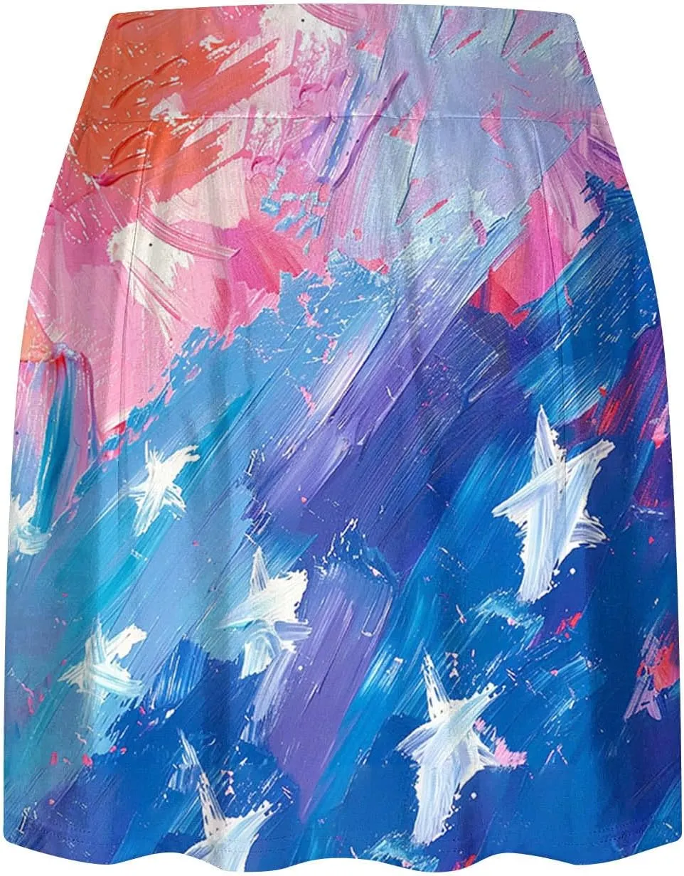 Women Tennis Skorts American Flag Patriotic Golf Skirts with Shorts Independence Day Stretchy Skirts Athletic Skorts
