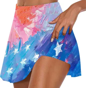 Women Tennis Skorts American Flag Patriotic Golf Skirts with Shorts Independence Day Stretchy Skirts Athletic Skorts
