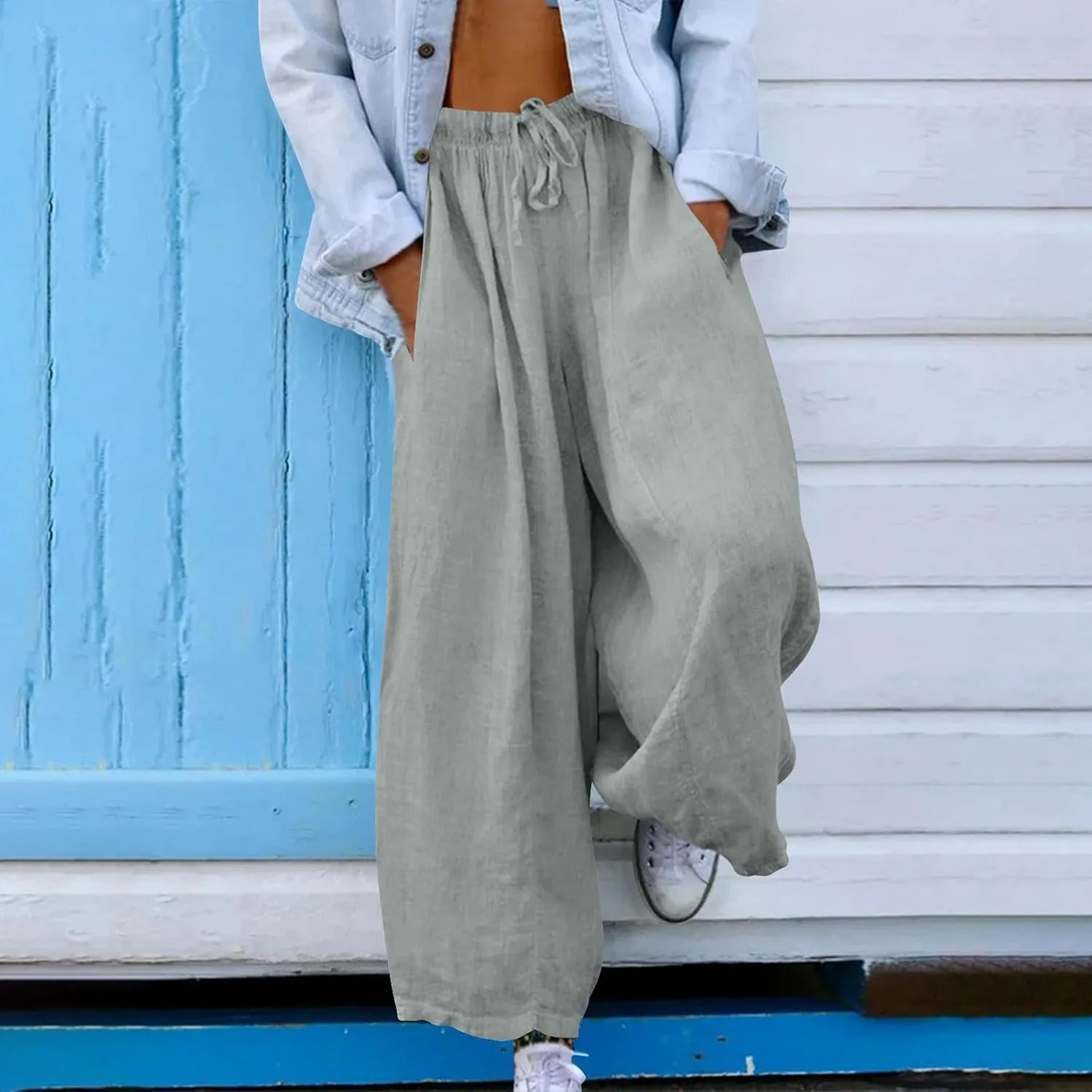 Women Wide Leg Palazzo Pants 2025 Summer Casual Loose Cotton Linen Pant Spring High Waist Flowy Beach Trousers Outfits