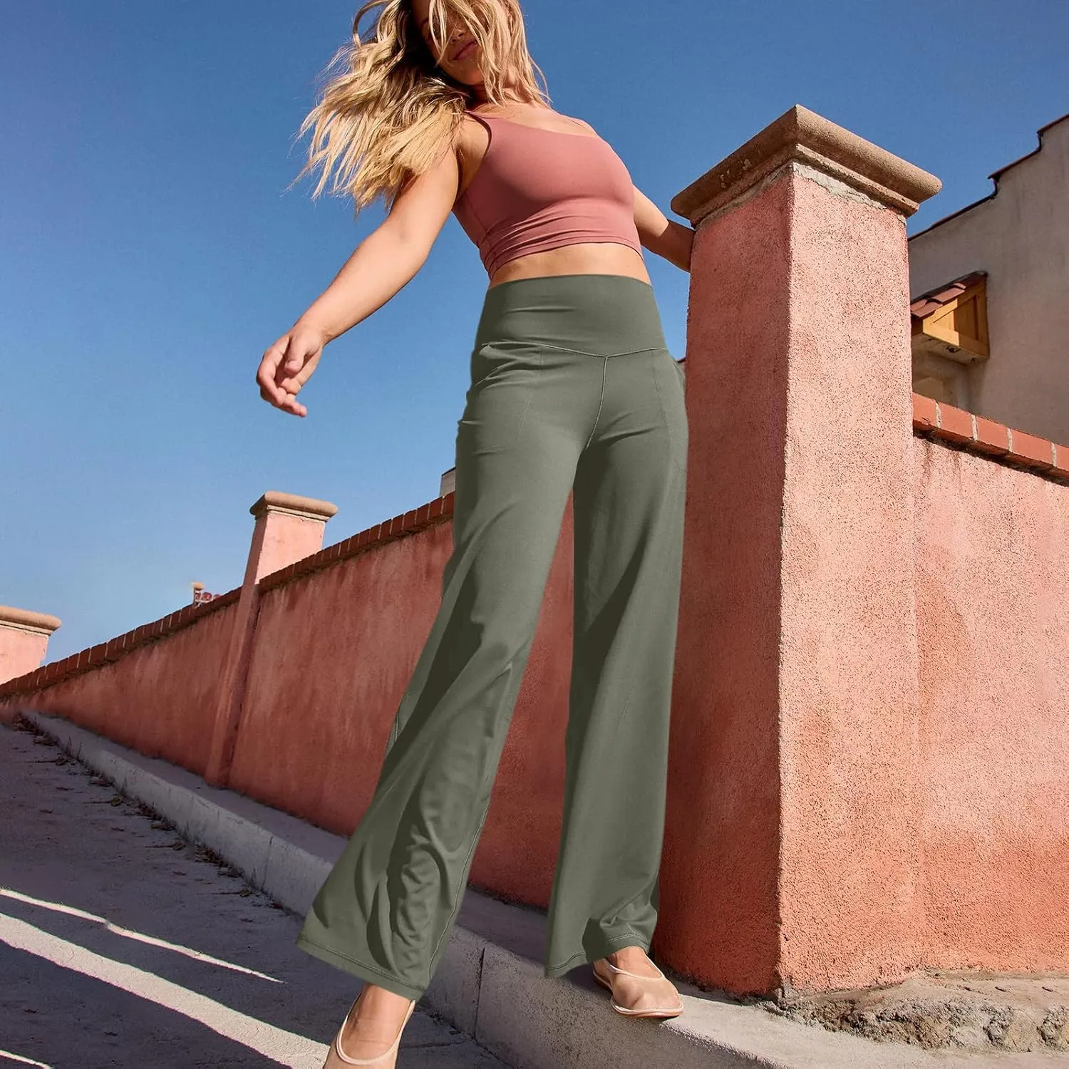 Women Wide Leg Yoga Pants with Pockets High Waist Straight Leg Dress Pants Tummy Control Flare Leggings