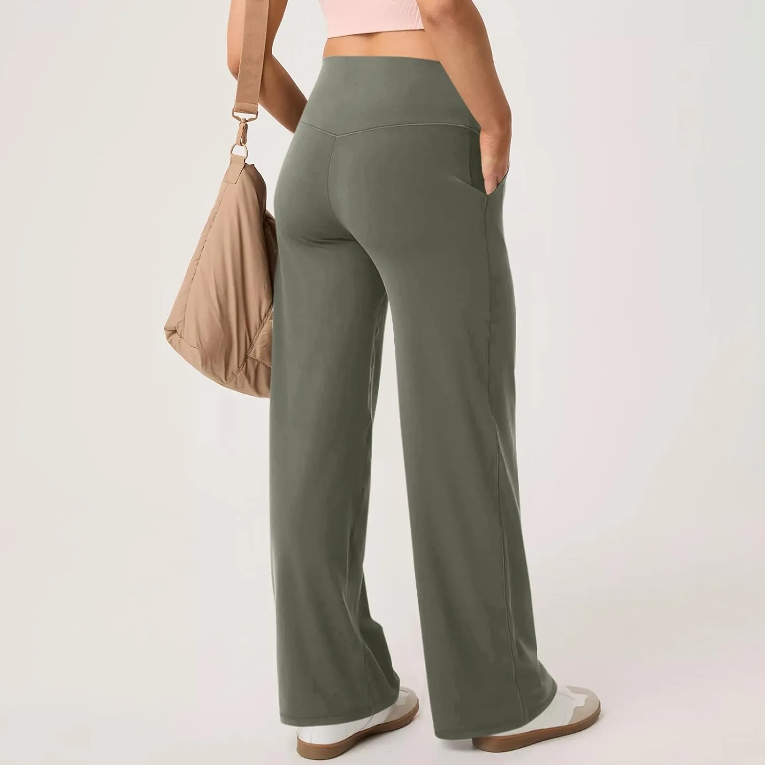 Women Wide Leg Yoga Pants with Pockets High Waist Straight Leg Dress Pants Tummy Control Flare Leggings