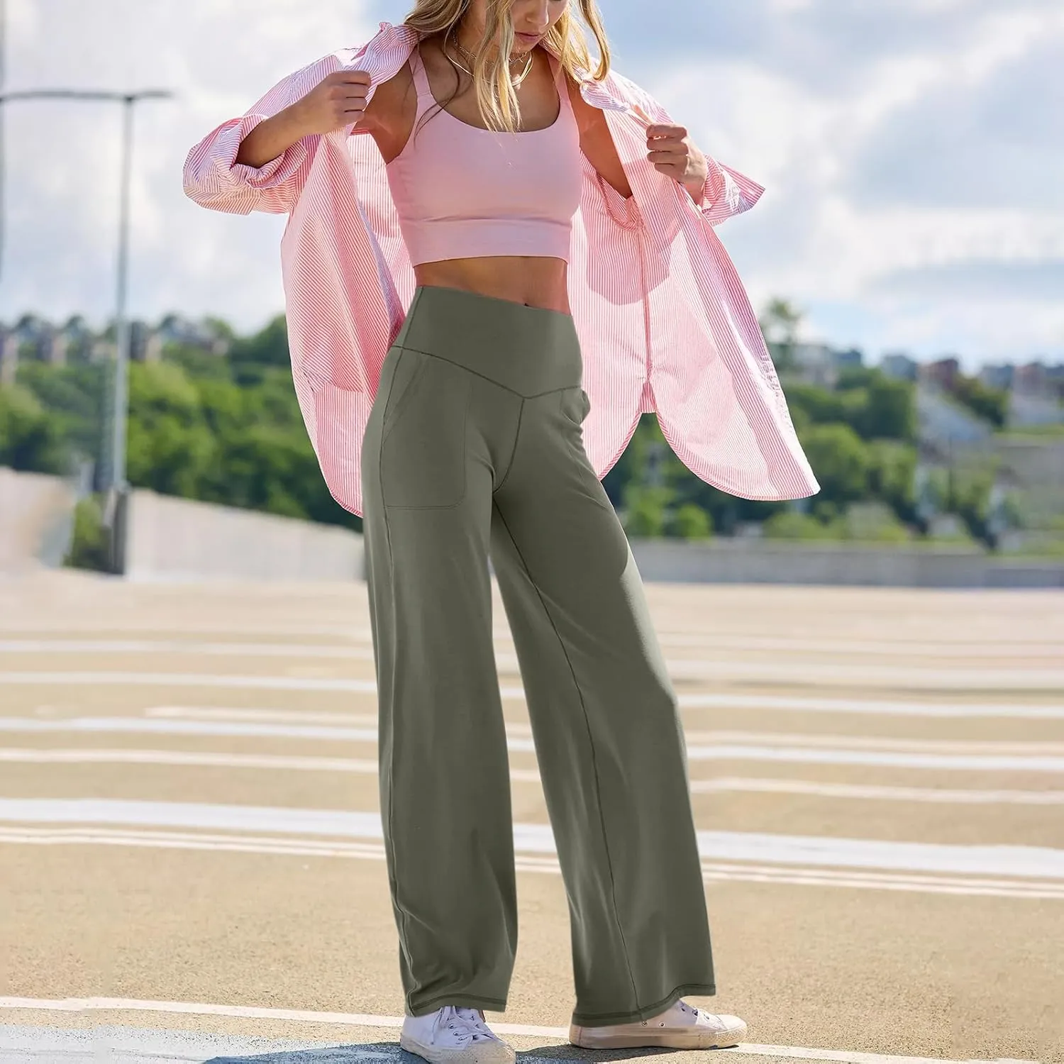 Women Wide Leg Yoga Pants with Pockets High Waist Straight Leg Dress Pants Tummy Control Flare Leggings