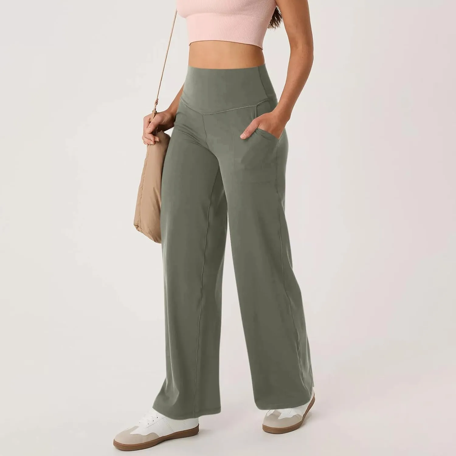 Women Wide Leg Yoga Pants with Pockets High Waist Straight Leg Dress Pants Tummy Control Flare Leggings