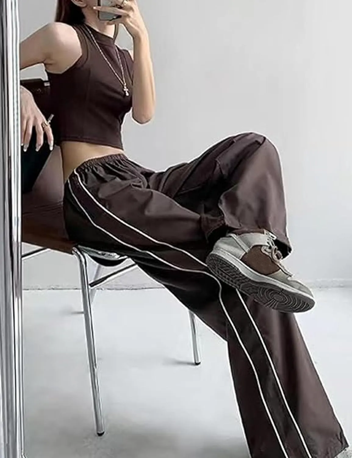 Women Y2K Baggy Pants Wide Leg Parachute Casual Sweatpants Track Pants with Pockets