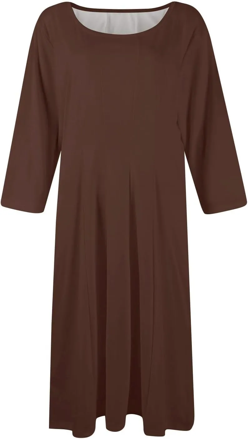 Womens 2025 Trendy Dresses Crew Neck 3/4 Sleeve A Line Loose Casual Midi Dress with Pockets