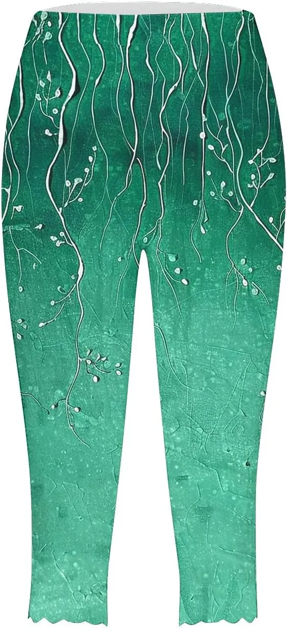 Women's Capri Leggings Floral Print High Waist Capris Pant Tummy Control Knee Length Slim Fit Yoga Cropped Trouser