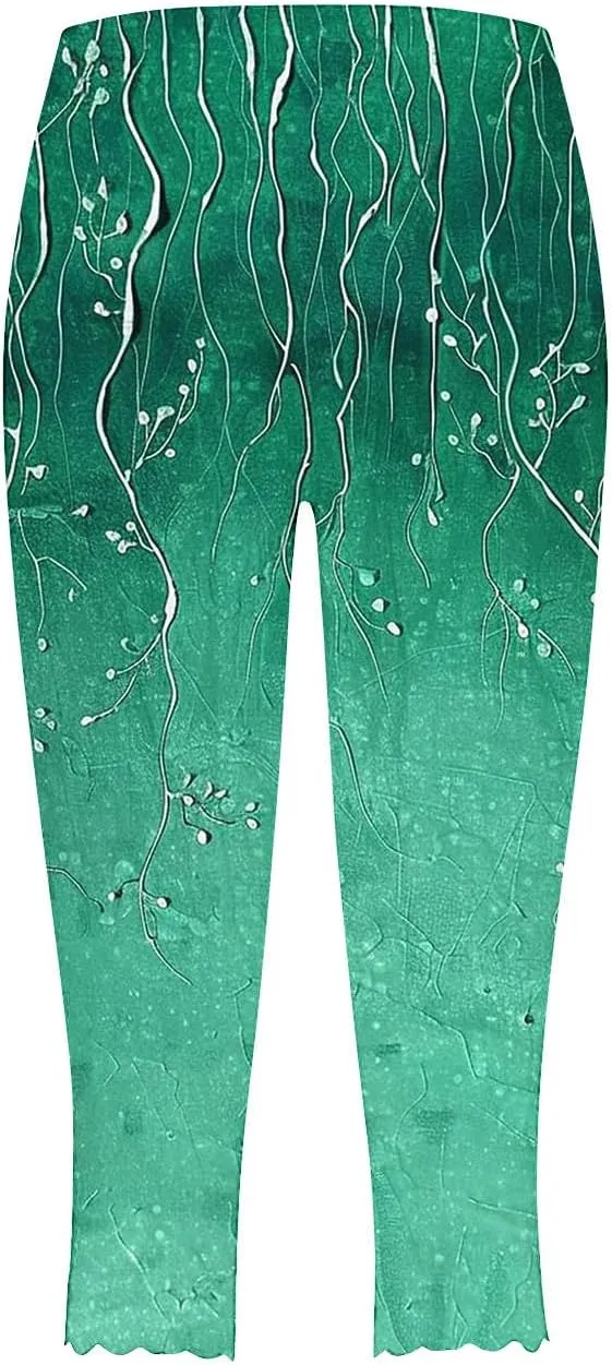 Women's Capri Leggings Floral Print High Waist Capris Pant Tummy Control Knee Length Slim Fit Yoga Cropped Trouser