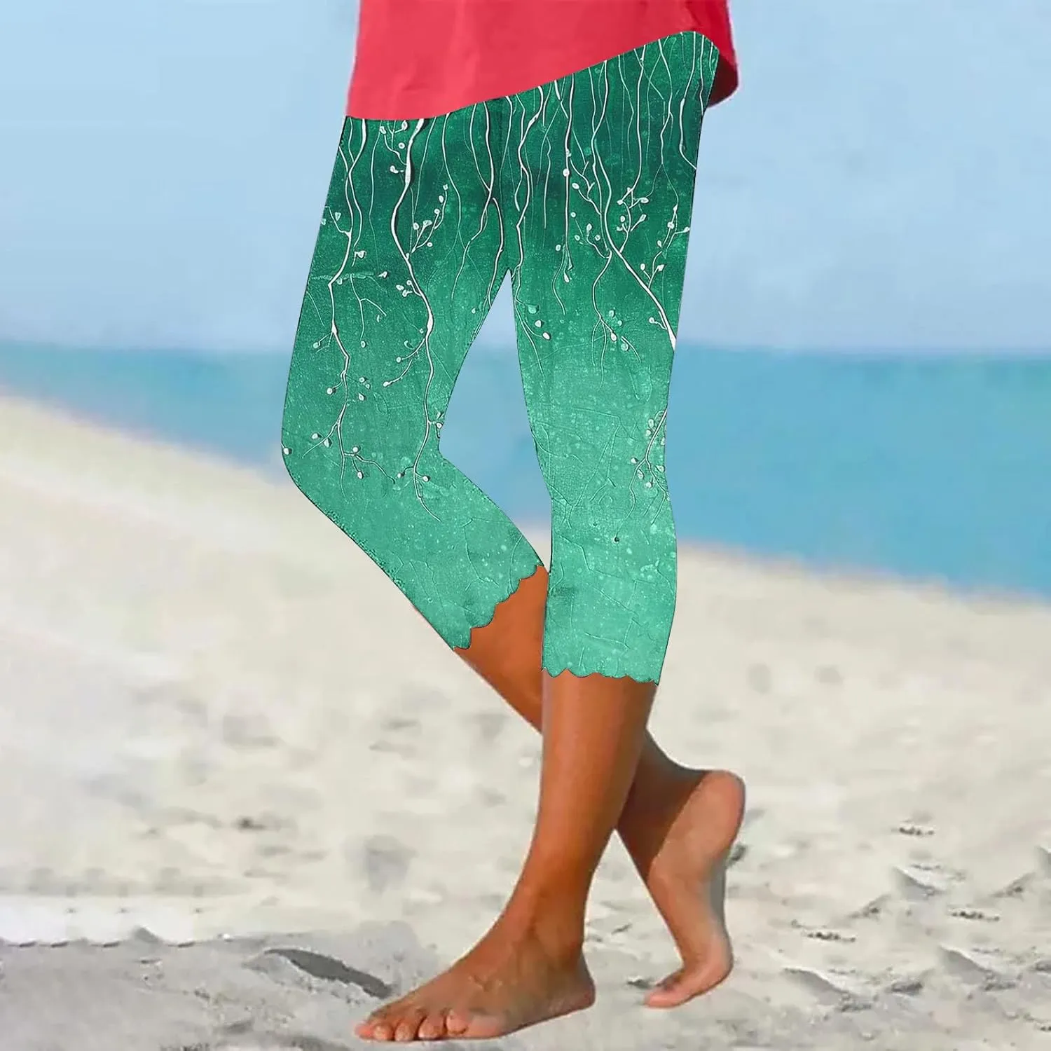 Women's Capri Leggings Floral Print High Waist Capris Pant Tummy Control Knee Length Slim Fit Yoga Cropped Trouser