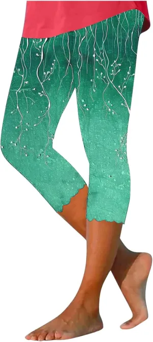 Women's Capri Leggings Floral Print High Waist Capris Pant Tummy Control Knee Length Slim Fit Yoga Cropped Trouser