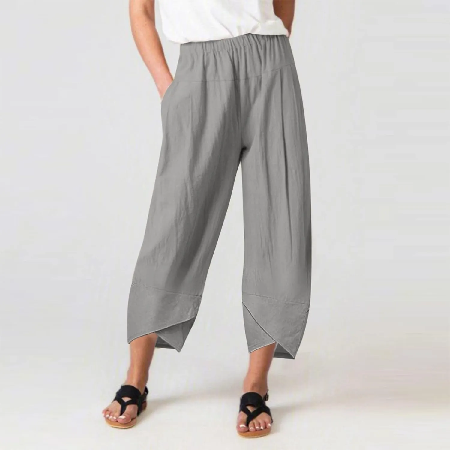 Women's Capri Linen Pants Drawstring Straight Leg 2025 Casual Summer Pants Loose Cropped Trouser