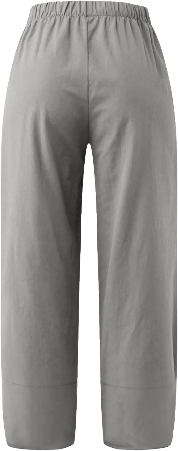 Women's Capri Linen Pants Drawstring Straight Leg 2025 Casual Summer Pants Loose Cropped Trouser