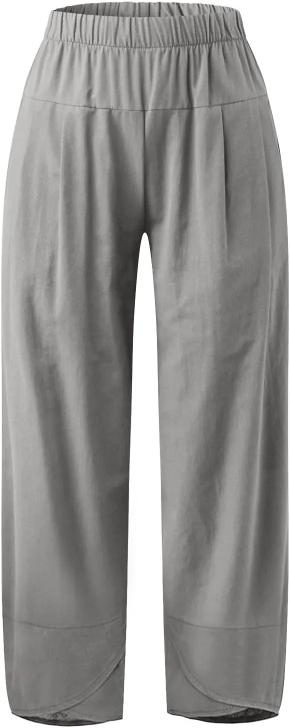 Women's Capri Linen Pants Drawstring Straight Leg 2025 Casual Summer Pants Loose Cropped Trouser