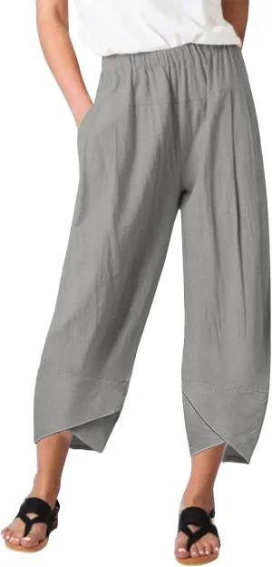 Women's Capri Linen Pants Drawstring Straight Leg 2025 Casual Summer Pants Loose Cropped Trouser