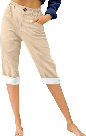 Womens Capri Pants 2025 Summer Wide Leg Casual Solid Color High Waist Loose Cropped Trousers with Pockets