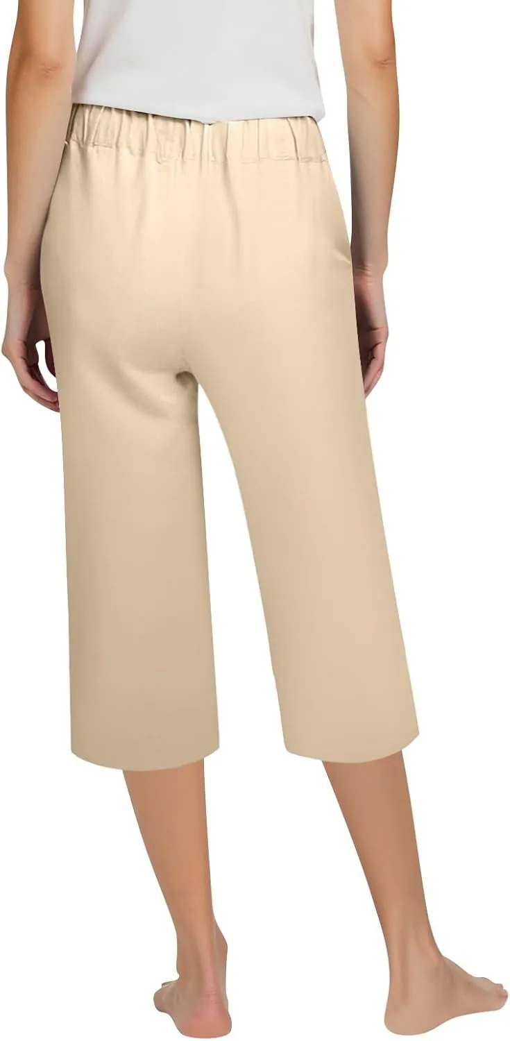 Womens Capri Pants 2025 Summer Wide Leg Casual Solid Color High Waist Loose Cropped Trousers with Pockets