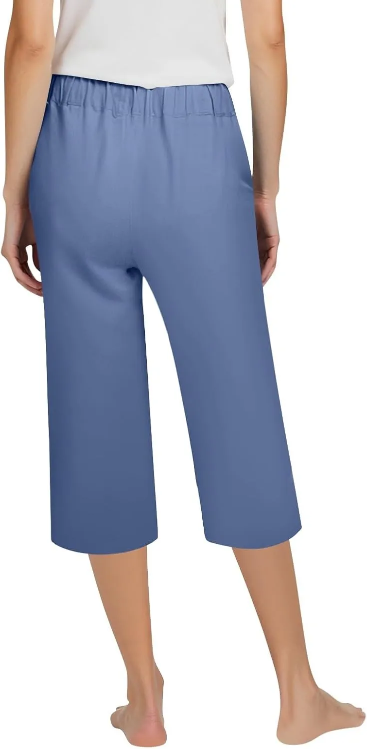 Womens Capri Pants 2025 Summer Wide Leg Casual Solid Color High Waist Loose Cropped Trousers with Pockets