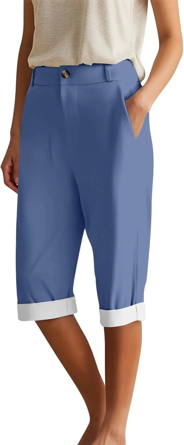 Womens Capri Pants 2025 Summer Wide Leg Casual Solid Color High Waist Loose Cropped Trousers with Pockets