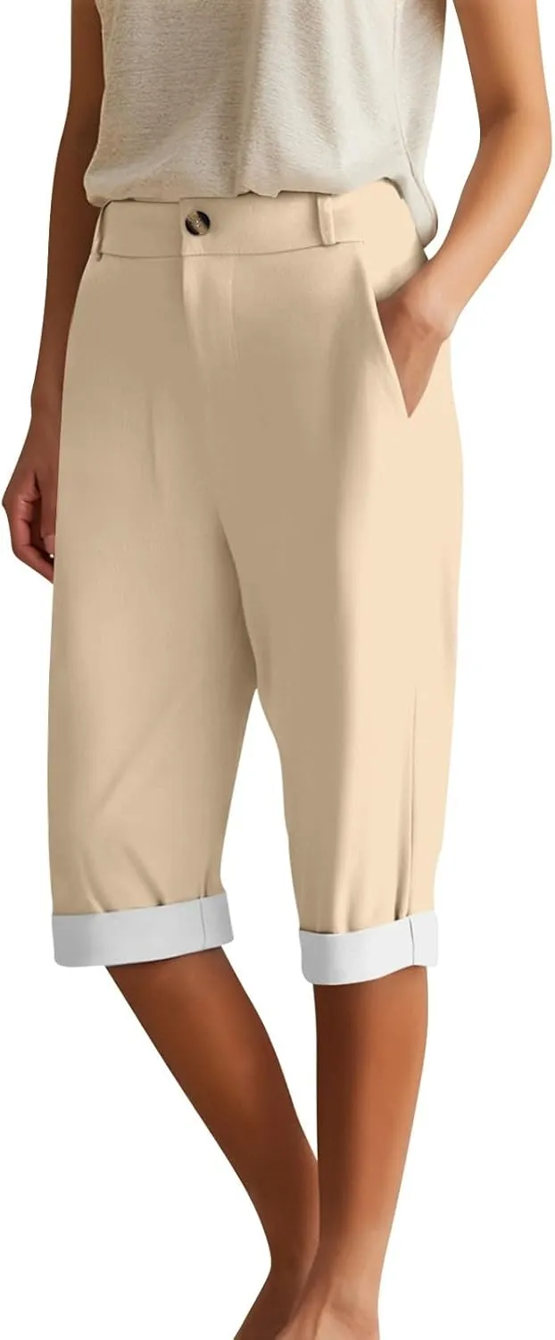 Womens Capri Pants 2025 Summer Wide Leg Casual Solid Color High Waist Loose Cropped Trousers with Pockets