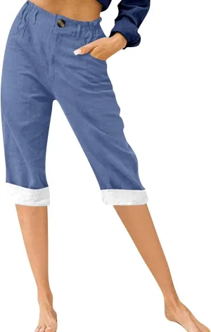 Womens Capri Pants 2025 Summer Wide Leg Casual Solid Color High Waist Loose Cropped Trousers with Pockets