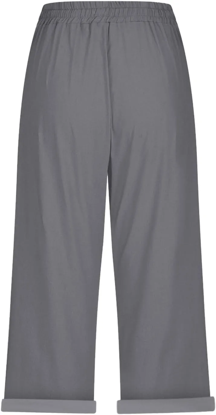 Womens Capris for Summer Cotton Linen Elastic Seven Pants Beach Casual Pants Linen Drawstring Loose Fit Summer Pants