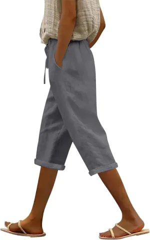 Womens Capris for Summer Cotton Linen Elastic Seven Pants Beach Casual Pants Linen Drawstring Loose Fit Summer Pants