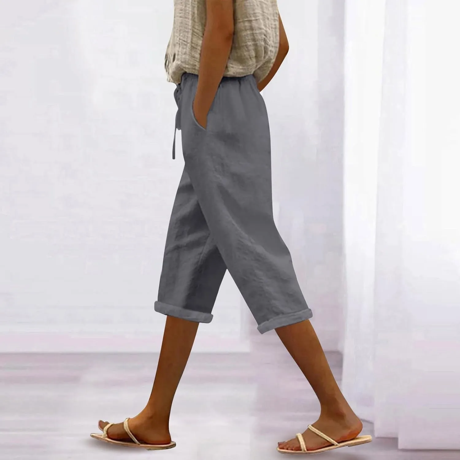 Womens Capris for Summer Cotton Linen Elastic Seven Pants Beach Casual Pants Linen Drawstring Loose Fit Summer Pants